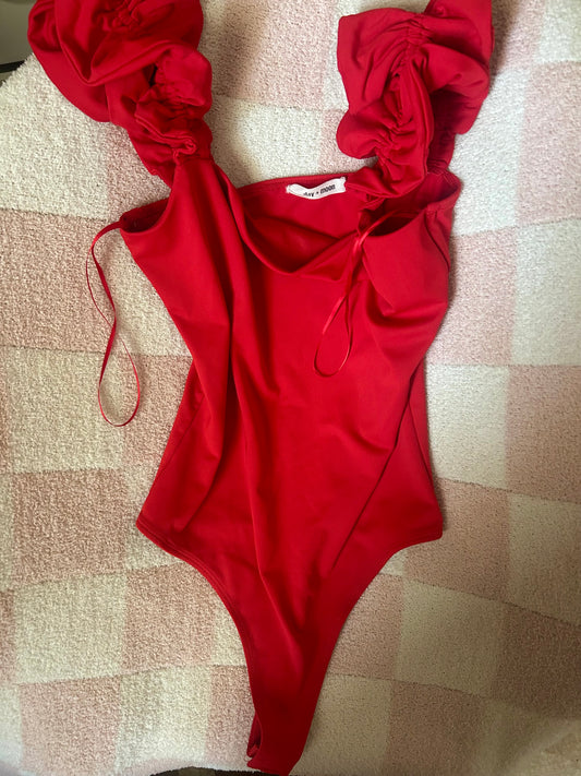 Red Body Suit With Ruffle Sleeves