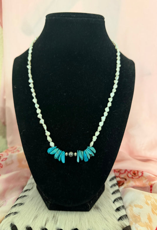 Pearl & Turquoise Chip Necklace