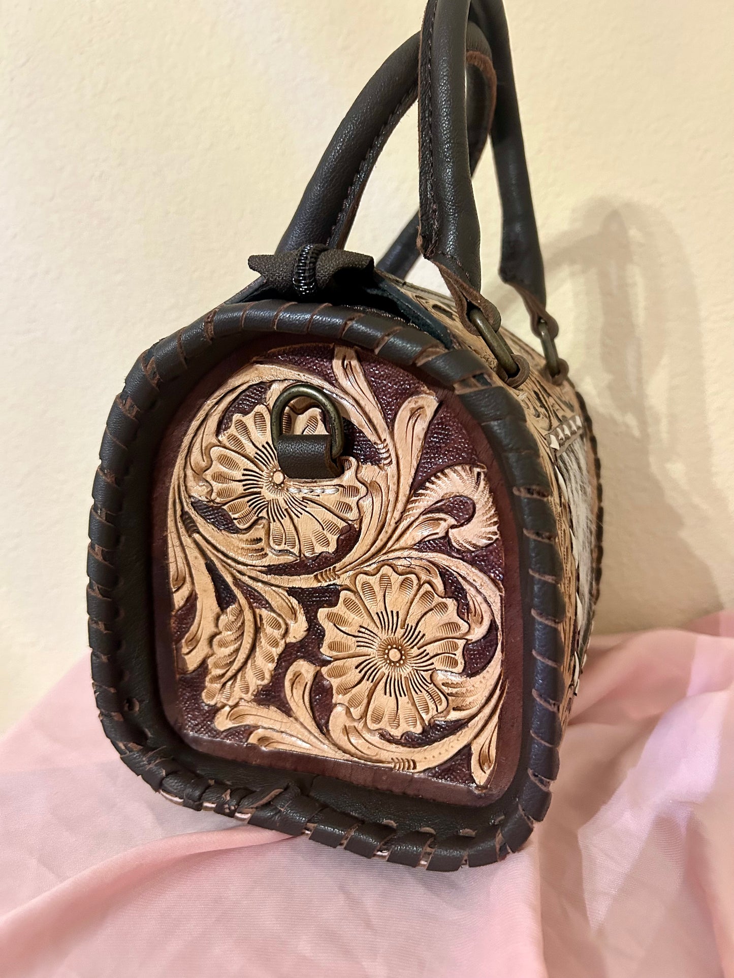 Leather Speedy Purse with Cowhide and Tooled Details