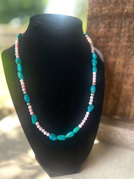 Pink Conch and Turquoise 5mm & 3mm pearls necklace
